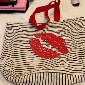 Striped Tote Bag with Red Lip Print
